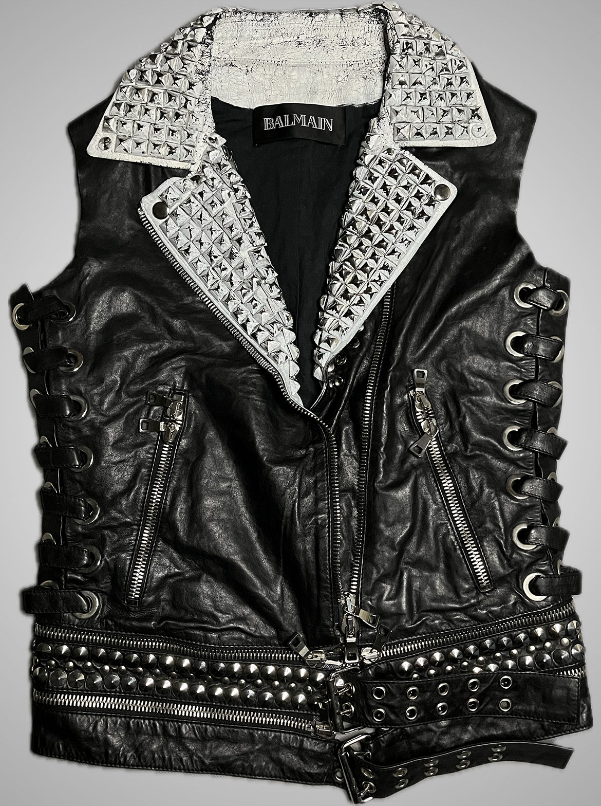 Balmain SS11 White Painted Studded Leather Corset Vest