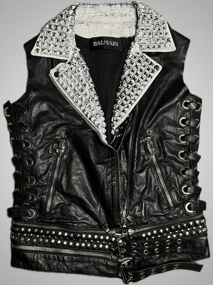 Balmain SS11 White Painted Studded Leather Corset Vest