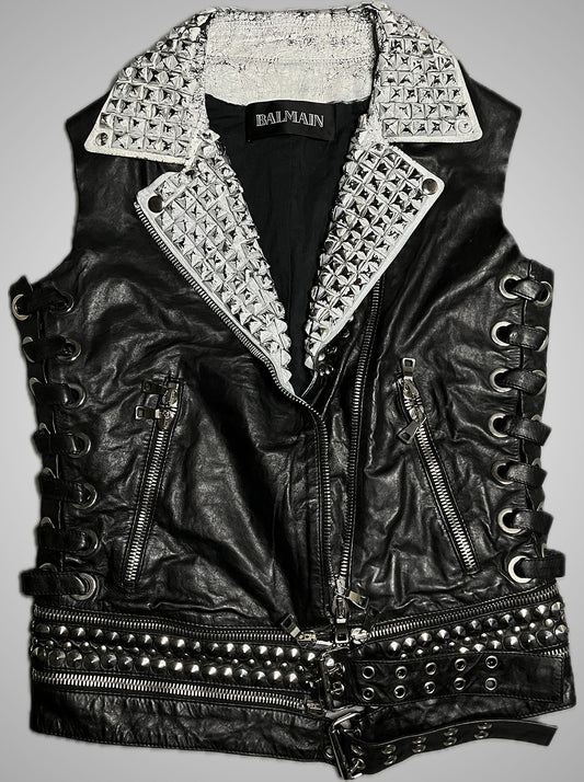 Balmain SS11 White Painted Studded Leather Corset Vest