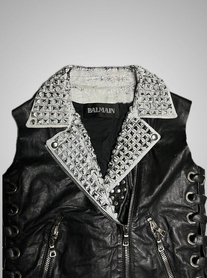 Balmain SS11 White Painted Studded Leather Corset Vest